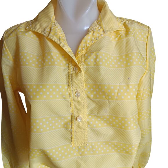 6/7 Vintage 70's Yellow Polka Dot Striped Long Sleeve Blouse Tie Waist Disco - Picture 1 of 10